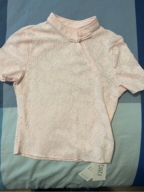 Women's Light Pink Sheer Lace Qipao Short-Sleeve Top